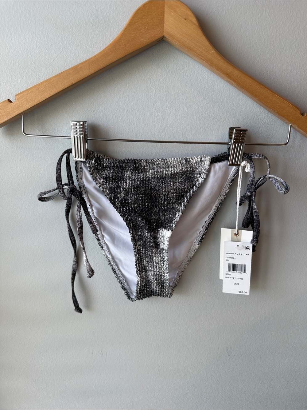 Good American Tiny Ties Bikini Bottom in the "Grey Tie Dye 002" colorway‎ NWT